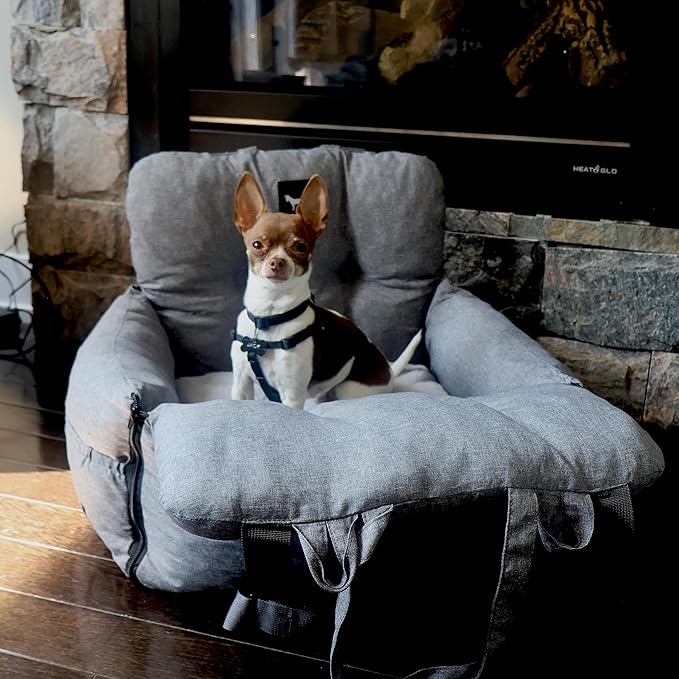JACKO & CO - Premium Dog Car Seat v2 Booster Seat for Small & Medium Pets Under 25lbs - Machine Washable w Removable Cover, Water Resistant w Clip-On Leash for Front or Back Seat (Grey/Small (1-25lbs)