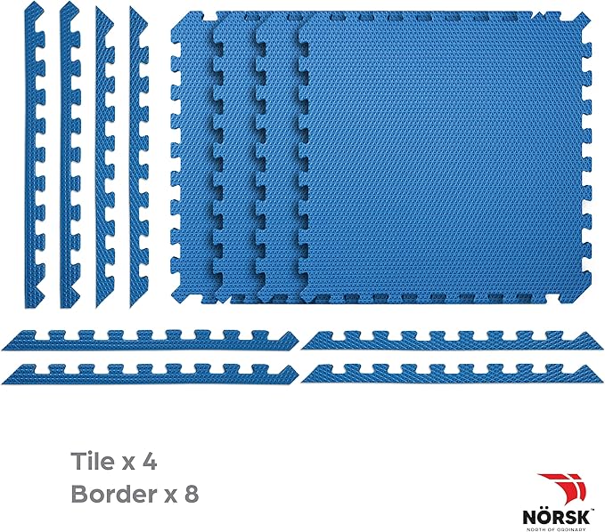 Norsk Reversible Exercise Mats 3/4" Thick EVA Interlocking Foam Tiles, Perfect Home Gym Flooring, 4 Tiles & 8 Trim Pieces, 16 Sq. Ft. 24"x24" Dazzling Blue/Black