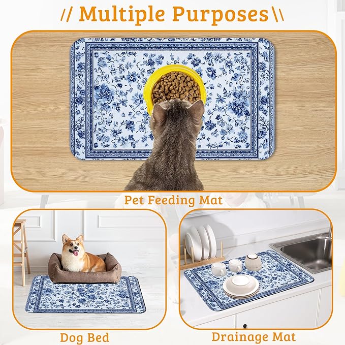Blue Flower Dog Food Mat,Absorbent Pet Feeding Mat for Food and Water Bowl,Quick Dry Dog Placemat Non Slip Rubber Backing Waterproof Pet Supplies 16" x 24"