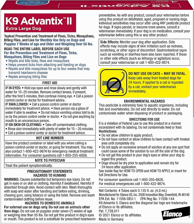 K9 Advantix II XL Dog Vet-Recommended Flea, Tick & Mosquito Treatment & Prevention | Dogs Over 55 lbs. | 4-Mo Supply