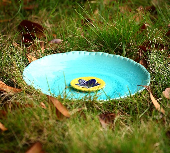 Ceramic Bird Bath for Outside, Bird Bath Bowl with Vintage Decoration for Garden & Patio, Ground, Deck, Balcony Yard Lawn Decor Blue Bird Drinker Plate - Yellow Flower, 12.25"
