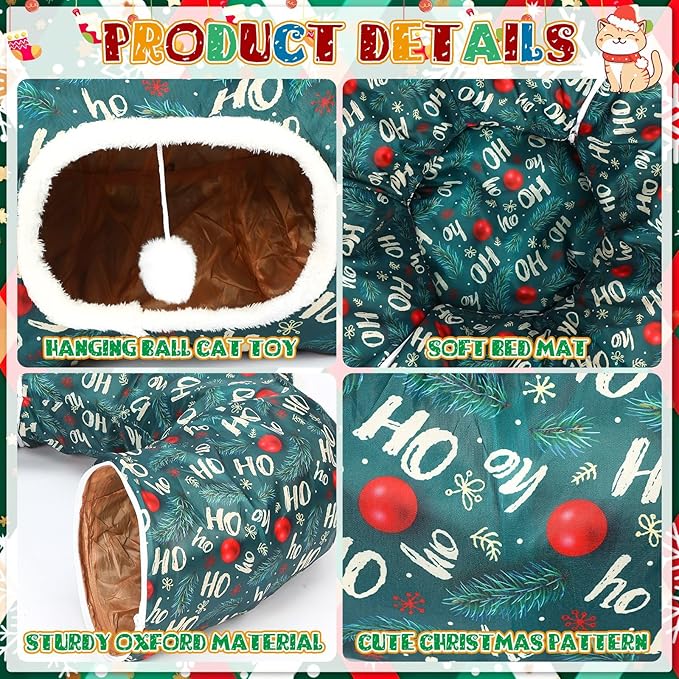Christmas Cat Tunnel Bed for Indoor Cats Under Christmas Tree Skirt Tube with Hanging Ball Plush Cat Cave, Washable Holiday Pet Gift Toy & Gift for Kittens(Pine Branch)