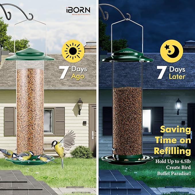 iBorn Metal Bird Feeder for Outside Hanging,Wild Bird Feeders for Cardinal,18cm Large Roof&Green,42CM Long,4.5lb High-Capacity(Seed is not Included)