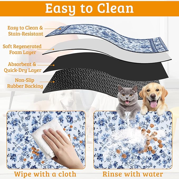 Blue Flower Dog Food Mat,Absorbent Pet Feeding Mat for Food and Water Bowl,Quick Dry Dog Placemat Non Slip Rubber Backing Waterproof Pet Supplies 16" x 24"