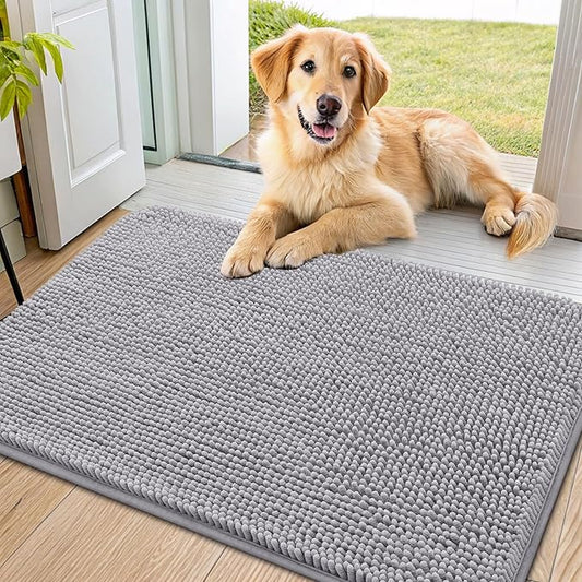 Smiry Dog Door Mat for Muddy Paws 36x24, Absorbs Moisture and Dirt Doormat, Non-Slip Washable Quick Dry Chenille Front Door Mat Indoor Entrance, Entryway Carpet for Inside Floor, Light Grey