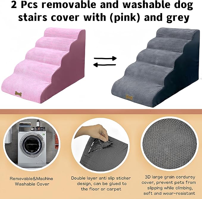 Dog Stairs & Pet Ramp for Small/Large Dogs to High Beds/Couches - 5 Steps 24-inch Height for 18-30 inch Furniture, 2 Washable Covers (Pink, Grey), Non-Slip Balanced 33D Design for Old Dogs & Cats