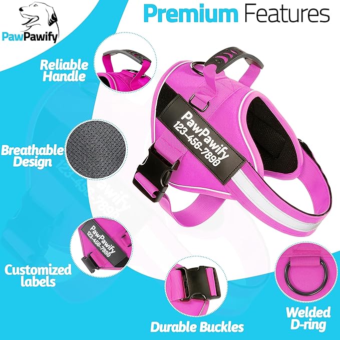 PawPawify Custom No Pull Dog Harness with Name and Phone Number, Heavy Duty Personalized Pet Vest to Prevent Tugging, Pulling, or Choking, Training and Walking (New Pink, L (Chest 23-30in))