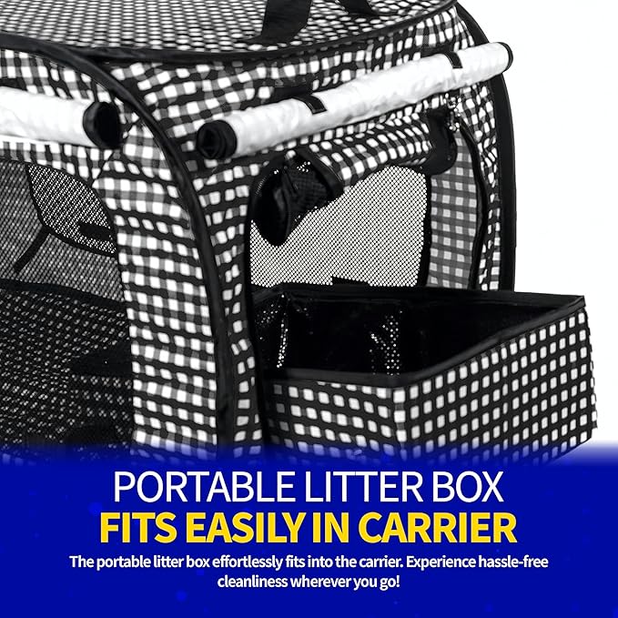 Pet Fit For Life Extra Large Cat Carrier for Travel - Foldable & Portable Collapsible Kennel with Litter Box, Feather Toy & Water/Food Bowl - Ideal for Cars, Long Trips & Indoor Cats - Black Checkers