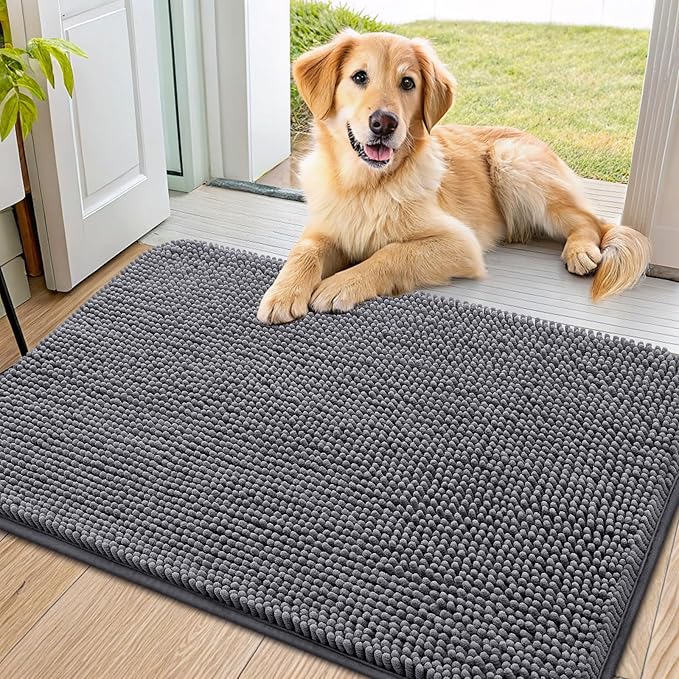 Smiry Dog Door Mat for Muddy Paws 36x24, Absorbs Moisture and Dirt Doormat, Non-Slip Washable Quick Dry Chenille Front Door Mat Indoor Entrance, Entryway Carpet for Inside Floor, Dark Grey