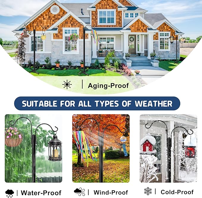 Ottsuls Bird Feeder Pole, 2 Pack 76 INCH Double Shepherds Hooks for Outdoor, Garden Pole with 5 Base Prongs Heavy Duty Planter Hooks for Hanging Plant Baskets, Lantern, Hummingbird Feeder