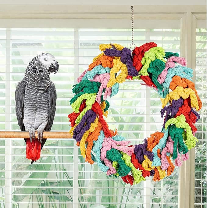 Parrot Swing for Large Birds - Colorful Cotton Rope Hanging Ring Toy for African Grey, Cockatoo, Conure, and Parakeet | Chewing, Exercise, Climbing, and Snuggling