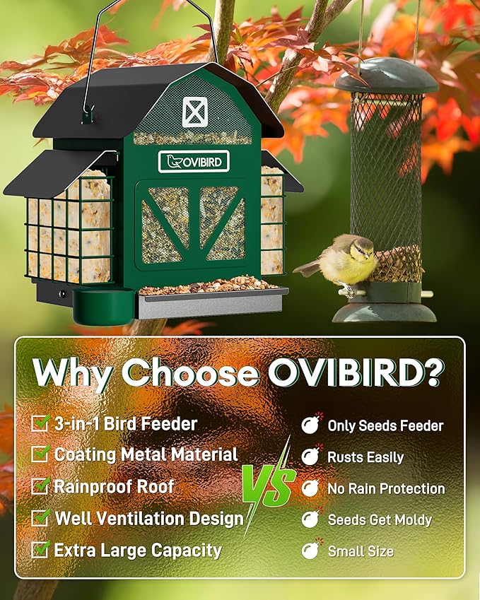 Bird Feeders for Outdoors Hanging, 5LBS Large Bird Feeder with 2 Suet Cage, Red Barn Metal Birds Feeder for Outside, Weather Resistant Cardinal Feeders, ldeal Birds Watching Gifts (Green)