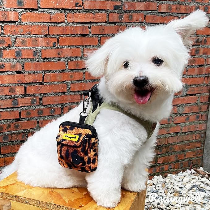 Dog Treat Pouch for Pet Walking and Training with Clicker Poop Bags and Double Bag Design Small Fanny Zipper Pack Holder for Puppy Snack Dispenser Kit for Leash and Outdoor Use Leopard Print