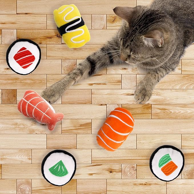 CiyvoLyeen 6 Pack Sushi Cat Toys with Catnip Sushi Roll Pillow Kitten Chew Bite Supplies Boredom Relief Fluffy Kitty Teeth Cleaning Chewing Cat Lovers Interactive Plush
