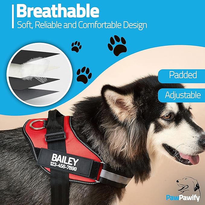PawPawify Custom No Pull Dog Harness with Name and Phone Number, Heavy Duty Personalized Pet Vest to Prevent Tugging, Pulling, or Choking, Training and Walking (Red, L (Chest 23-30in))