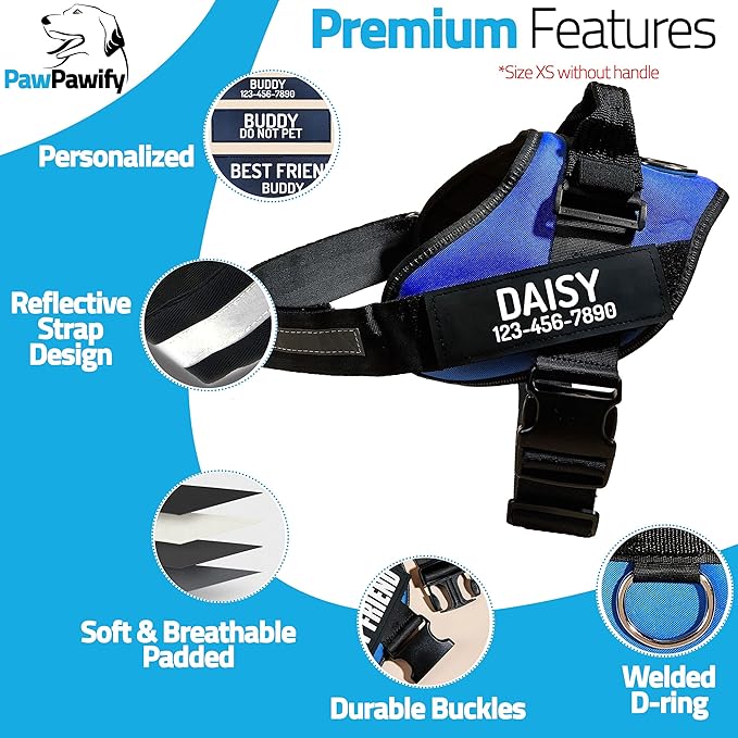 PawPawify Custom No Pull Dog Harness with Name and Phone Number, Heavy Duty Personalized Pet Vest to Prevent Tugging, Pulling, or Choking, Training and Walking (Blue, S (Chest 16-21in))