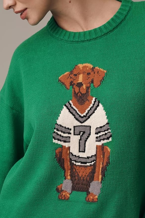 Dog Print Sweater for Women Cute Graphic Knit Pullover Tops Long Sleeve Crew Neck Trendy Fall Outfits 2025