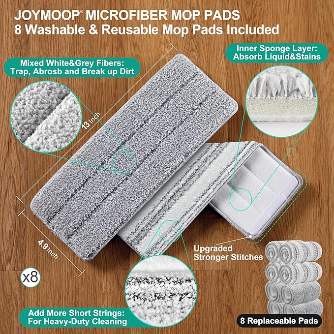 JOYMOOP Mop and Bucket Set with Wringer, Dust Mops for Floor Cleaning, Wall Cleaner with Long Handle,Wet and Dry Use - 8 Microfiber Mop Pads