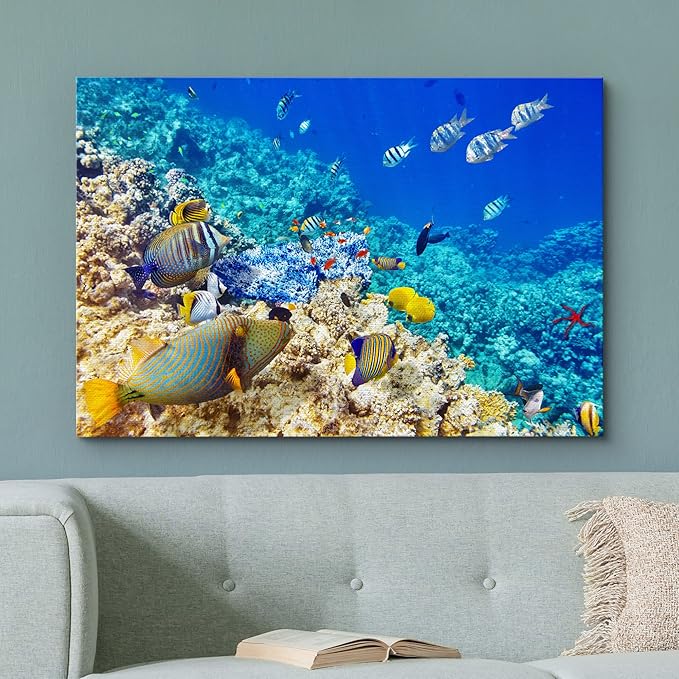 wall26 Canvas Print Wall Art Underwater Neon Blue Teal Ocean Water Fish Nature Animals Photography Realism Rustic Scenic Landscape Wilderness Earth for Living Room, Bedroom, Office - 32"x48"