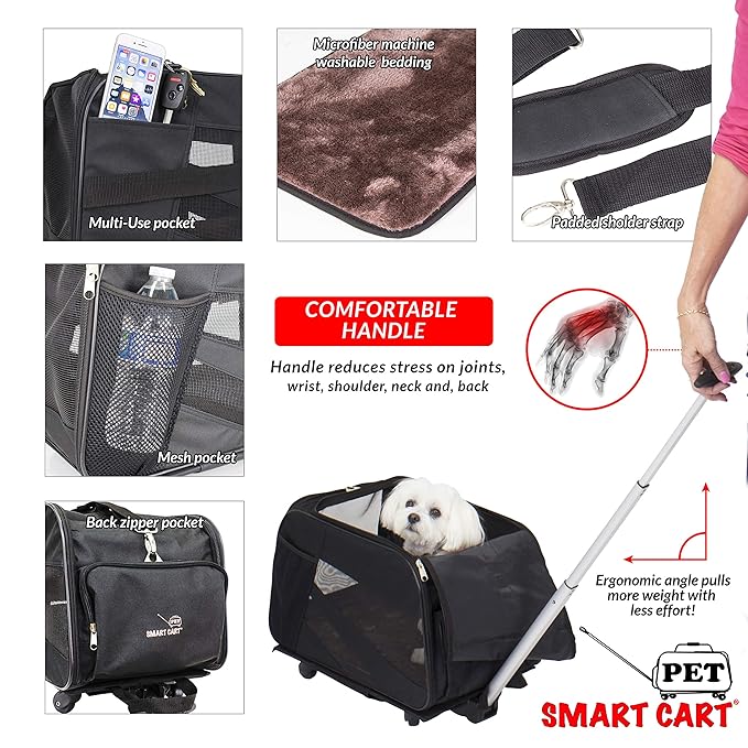 dbest products Smart Cart Pet Carrier with Wheels, Airline Approved Dog and Cat Carrier with Telescoping Handle, 21x12x12in, 24 lb Capacity, Black