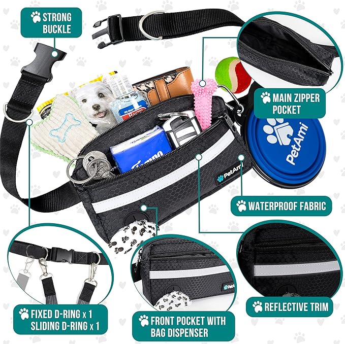 PetAmi Hands Free Dog Leash, Dog Running Leash Belt for Walking Jogging, Dog Waist Zipper Pouch Fanny Pack with Poop Bag Dispenser, Dual Padded Handle Bungee Leash for Small Medium Large Dogs, Single