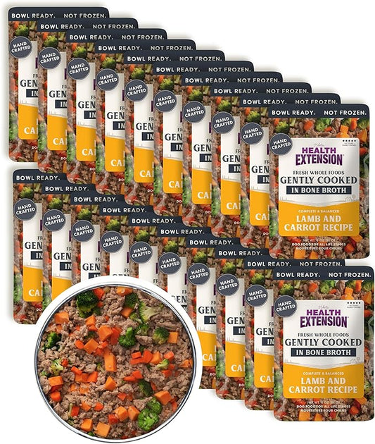 Health Extension Gently Cooked Lamb & Carrot Dog Food, Human-Grade & Shelf-Stable with Superfoods, Supports Digestion, Immunity, Skin & Coat, 3 oz Pouch (Pack of 20)