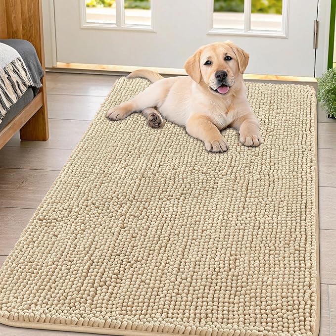 Smiry Dog Door Mat for Muddy Paws 47x32, Absorbs Moisture and Dirt Doormat, Non-Slip Washable Quick Dry Chenille Front Door Mat Indoor Entrance, Entryway Carpet for Inside Floor, Beige
