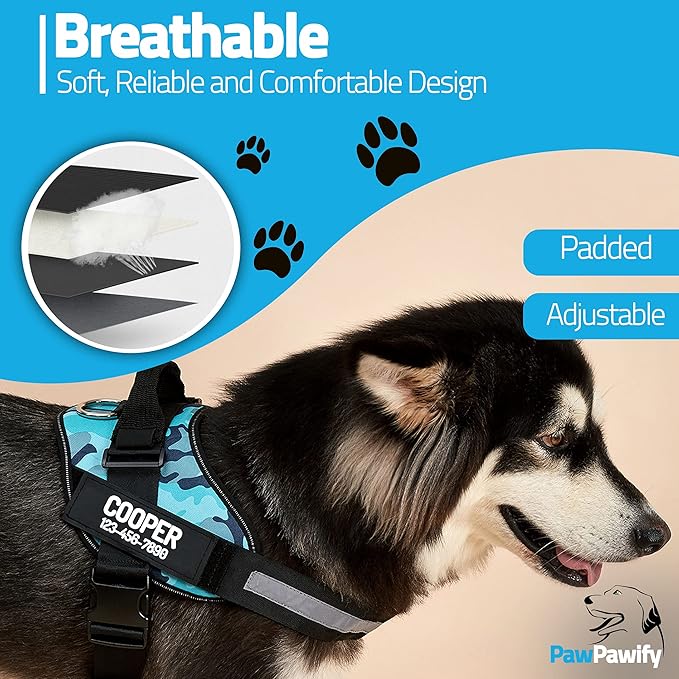 PawPawify Custom No Pull Dog Harness with Name and Phone Number, Heavy Duty Personalized Pet Vest to Prevent Tugging, Pulling, or Choking, Training and Walking (Camouflage Blue, XL (Chest 28-35in))