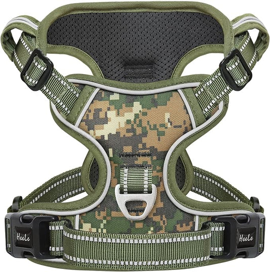 HEELE Dog Harness, No Pull Adjustable Padded Reflective Harness for Small Medium Large Dogs with Handle for Walking Training, Camo Green, L