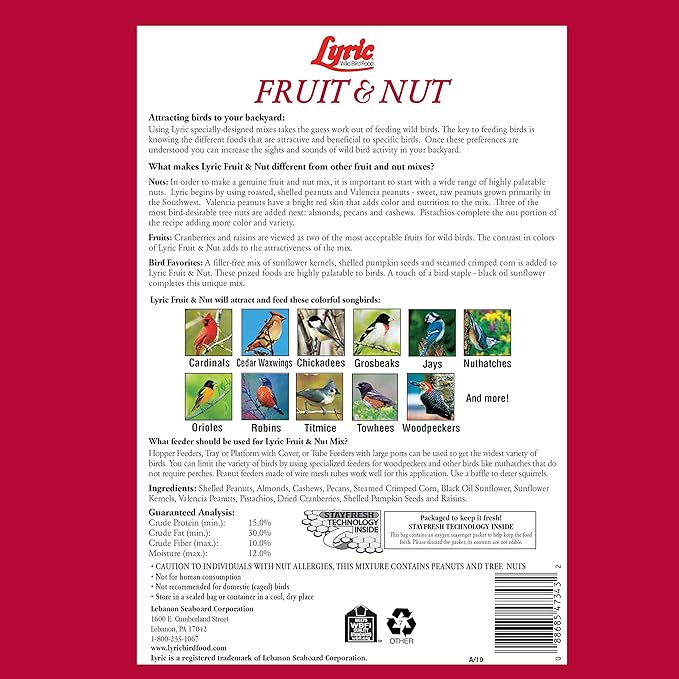 Lyric Fruit and Nut Wild Bird Seed, High Energy Wild Bird Food Mix, 20 lb. Bag