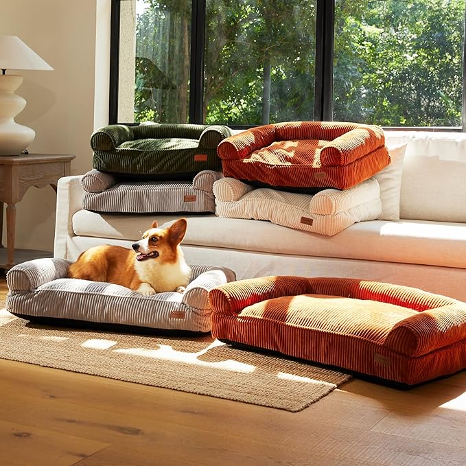 FUKUMARU Dog Couch Bed, Corduroy Cozy Cat Bed for Indoor Cats with Washable Cover, Supportive Waterproof Dog Beds Sofa for Small Dogs and Large Cats Cute, 28inch, Medium, Orange