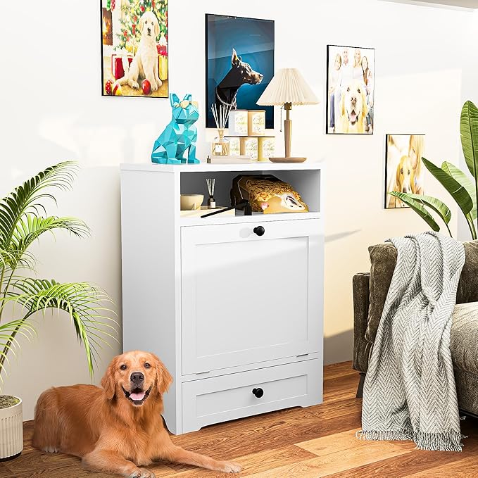 Dog Food Storage Cabinet and Feeding Station - Large Pet Food Organizer Furniture With Pull-Out Elevated 2 Sus304 Bowls for Feeding & Watering Supplies, White