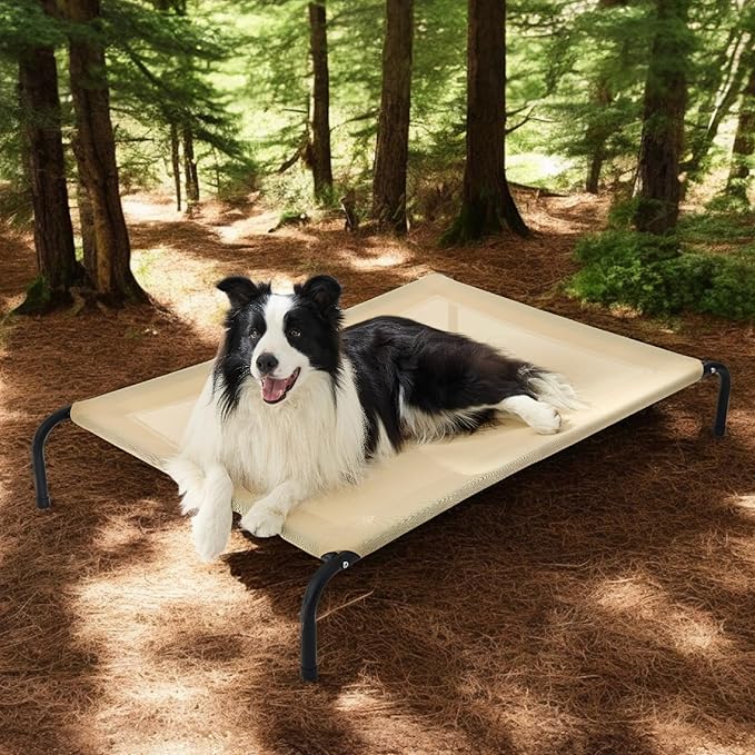 Bedsure Outdoor Elevated Dog Bed Large Sized Dog, Portable Indoor & Outdoor Cooling Raised Cot Pet Hammock Bed with Skid-Resistant Feet, Frame with Breathable Mesh, Khaki, 49 inches