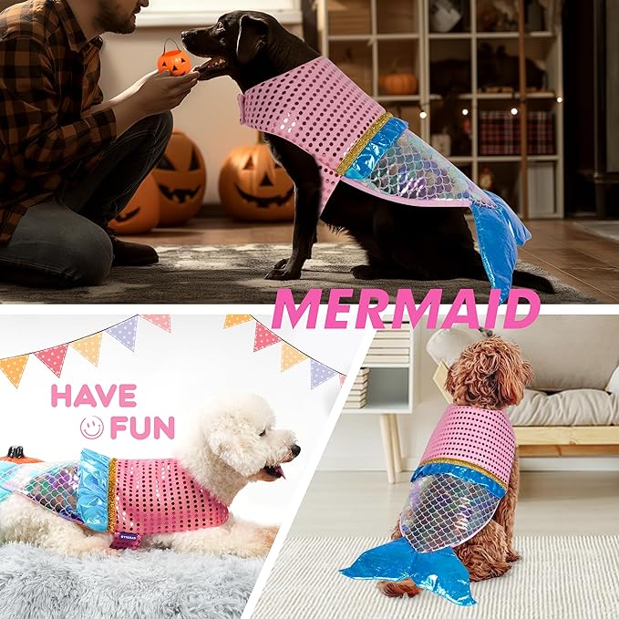 cyeollo Mermaid Dog Halloween Costumes Cute Dog Costume Sequin Birthday Party Pet Clothes Outfit Dressing Up Pet Costumes for Medium Dogs Size L