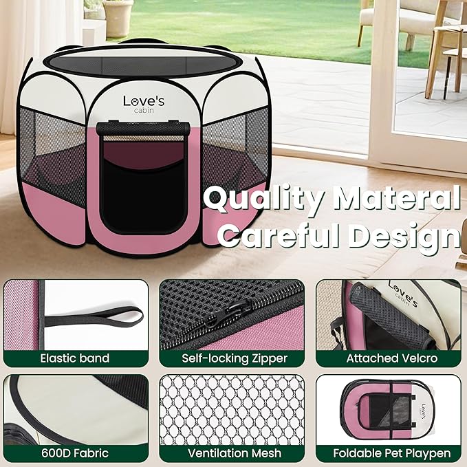 Love's cabin Pet Puppy Dog Playpen, Small Dog Tent Crates Cage Indoor/Outdoor, Portable Playpen for Cat, Foldable Pop Up Dog Kennel Playpen with Carring Case, Removable Zipper Top, Pink