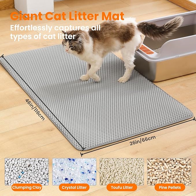 Jumbo Cat Litter Mat, 46x26 Inches Double Layer Honeycomb Litter Trapping Mat, Non Slip Waterproof Urine Proof Extra Large Cat Litter Box Mat, Kitten Supplies and Essentials, XXL, Gray