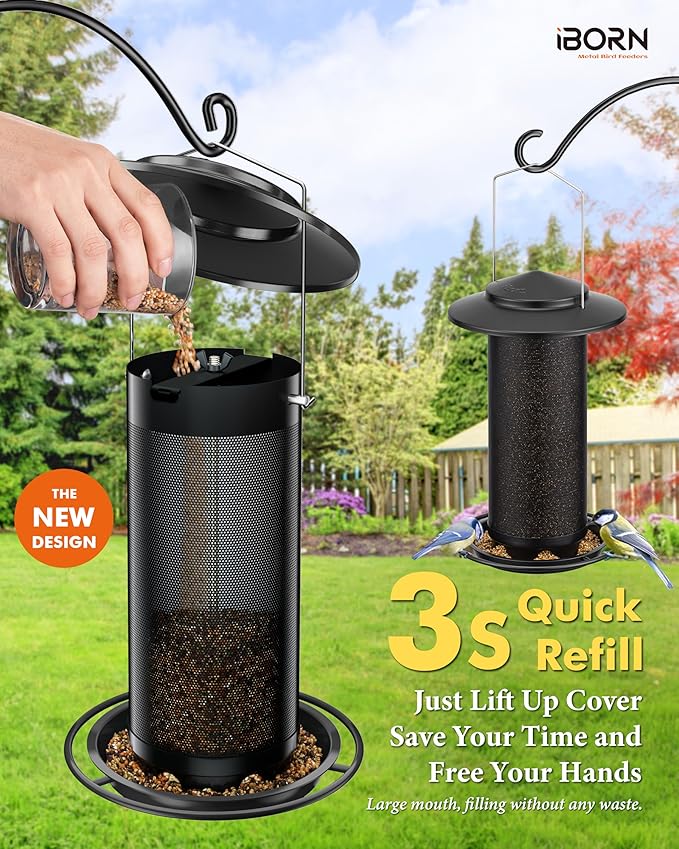 iBorn Bird Feeders for Outdoors, All Metal Mesh Tube, Holding Bird Seed for Outside Feeders,18cm Large Roof, Black, 2.8lb(Seed is not Included)