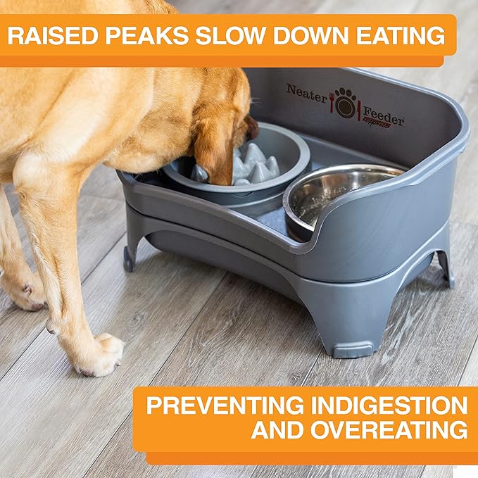 Neater Feeder Express Mess Proof Dog Bowls Elevated for Medium and Large Breed – Made in USA – No Spill Raised Slow Feeder Elevated Dog Bowl Stand, Slow Feed Food and Water Bowl Set, Grey