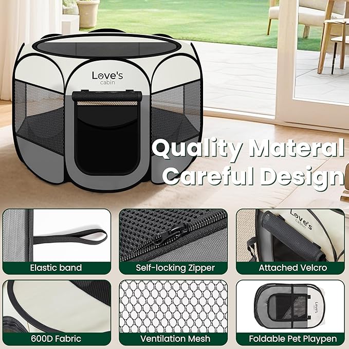 Love's cabin Pet Puppy Dog Playpen, Large Dog Tent Crates Cage Indoor/Outdoor, Portable Playpen for Cat, Foldable Pop Up Dog Kennel Playpen with Carring Case, Removable Zipper Top, Grey