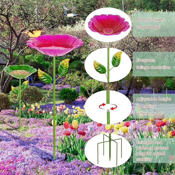 2 Pack Bird Bath for Outside, 31.3" H Metal Birdbaths, 10.63" Dia Garden Flower Bird Water Bowl, Freestanding Hummingbird Bath for Outdoors Garden Patio Yard Decor (Red,Green)