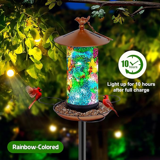 XDW-GIFTS Mosaic Solar Wild Bird Feeder with Pole Kit, Waterproof Lantern Design with Adjustable Heavy-Duty Bird Feeder Post for Outside, Garden- Unique Gifts for Mom,Women, Grandma,Bird Lovers