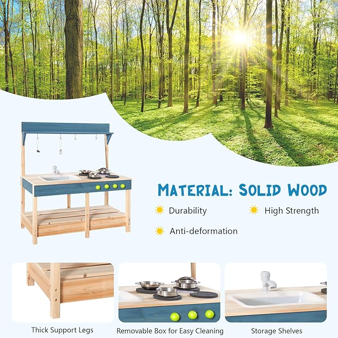 Mud Kitchen Playset for, Outdoor Wooden Toy Play Kitchen Set for Boys and Girls, Kitchen Accessories and Garden Sink with Faucet, Blackboard, Cookware Pot (Blue1)