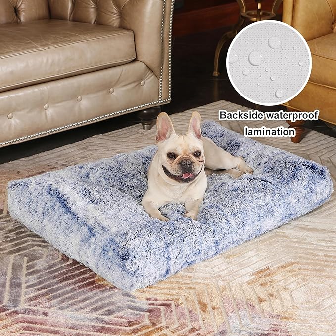 Bedfolks Plush Dog Crate Bed, Washable Cover, Faux Fur, Large, 35"x23", Dark Blue