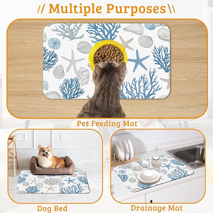 Seashell Beach Feeding Mat,Coral Starfish Absorbent Quick-Dry Cat Dog Food and Water Bowl Mats,Non-Slip Rubber Backing Mat,Cat Dog Accessories Supplies 16" x 24"