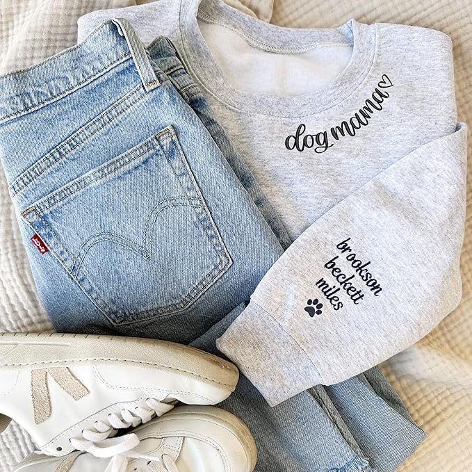 NAZENTI Custom Dog Mom Embroidered Sweatshirt with Pet Name on Sleeve, Fur Mama, Dog Lover Gifts