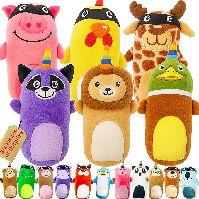 Jalousie 5 Pack Tough Plush Animal Dog Toys Assortment Value Bundle Dog Squeaky Toys Assortment Puppy Pet Mutt Dogs Toy Squeak Toy for Snall Medium Large Breeds (6 Pack Surprise Mix)