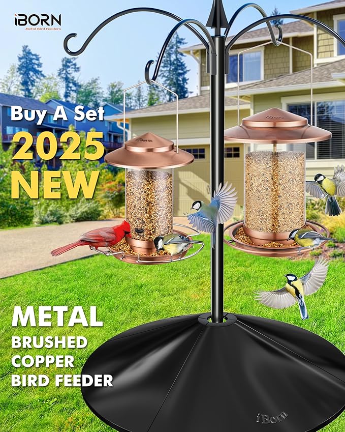 iBorn Bird Feeder Metal Squirrel Chew-Proof Bird Feeders for Outdoors Hanging Outside for Cardinal, Holds 1.5LB Seed with 3 Perchs, Brushed Copper (Seed is not Included)