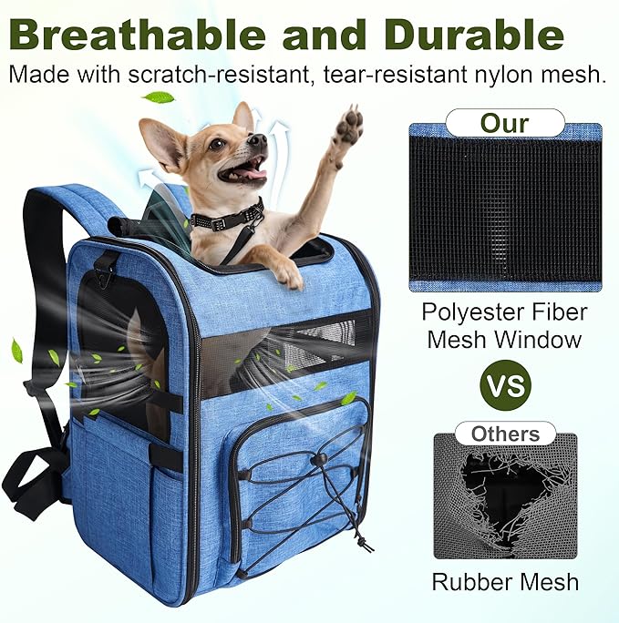 Dog Carrier Backpack for Small Dogs - Breathable Mesh Hiking Bag with Safety Buckle, Adjustable Straps and Elevated Pad - Durable for Hiking (Fits Small Cats Too, Up to 17lbs, Blue)