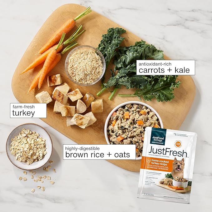 JustFoodForDogs JustFresh Wet Dog Food, Fresh Pet Meals and Toppers with No Preservatives, Resealable Package, Human Grade, Home-Cooked Turkey, 12 oz - 7 Pack
