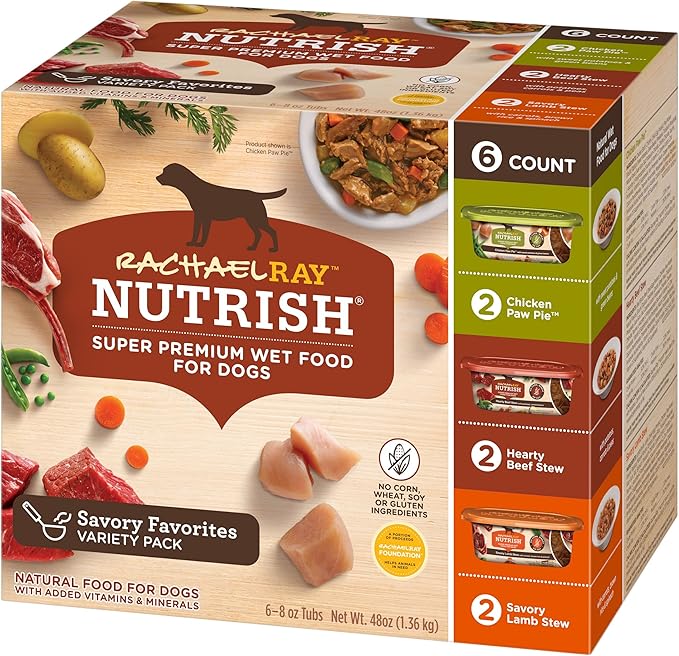 Rachael Ray Nutrish Premium Natural Wet Dog Food, Savory Favorites Variety Pack, 8 Ounce Tub (Pack of 6)